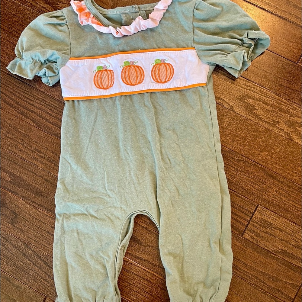 Green Baby Romper with Pumpkin Embroidery